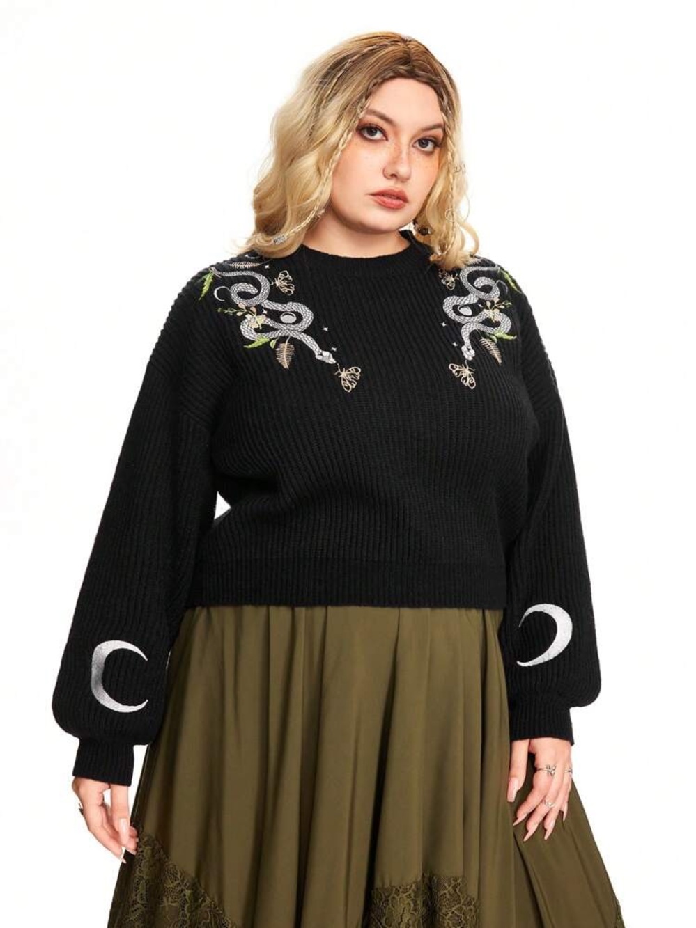 ROMWE Grunge Goth Plant, Butterfly & Moon Embroidery Pullover Sweater